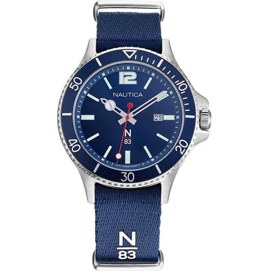 NAUTICA Mod. NAPABS904 watch with blue dial and strap, quartz analog movement, 5 ATM water resistance, 43mm case in official box.