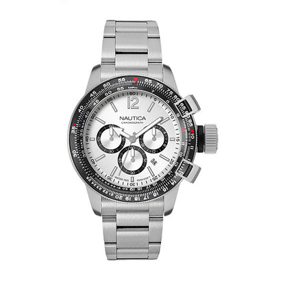 NAUTICA Mod. NAPBFCF04 gent's quartz analog watch with multifunction dial, 47mm case, and 10 ATM water resistance.