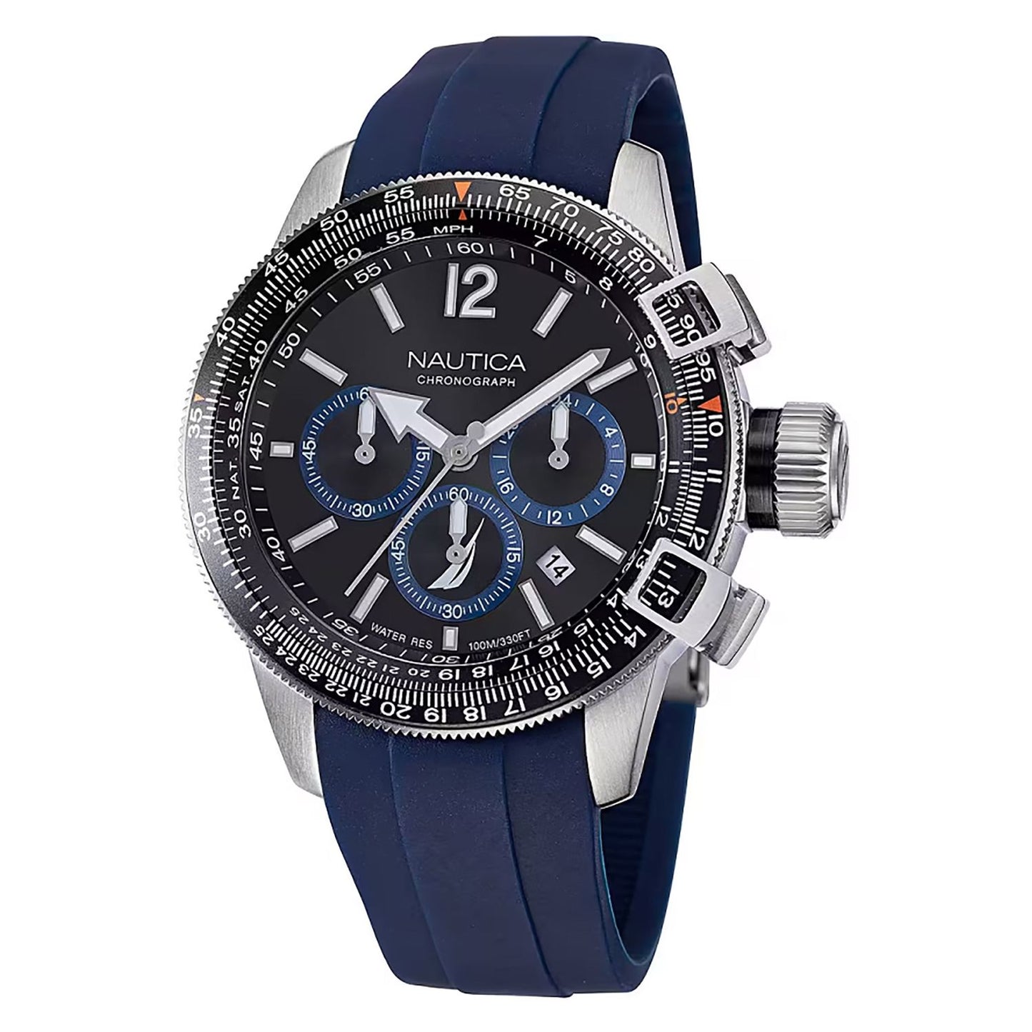 NAUTICA Mod. NAPBFF101 gent's chronograph watch with quartz movement, 46mm case, mineral dial, blue strap, and official box included.