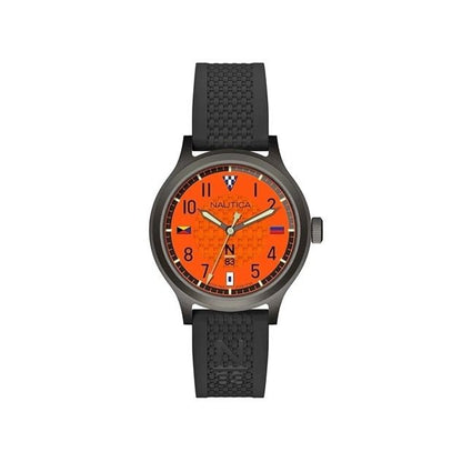 NAUTICA Mod. NAPCFS915 orange dial quartz analog wristwatch for men with mineral glass and 43mm case, water resistant up to 5 ATM.