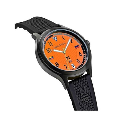 NAUTICA Mod. NAPCFS915 quartz analog watch with orange dial, gent's wearable, 43mm case, water resistant 5 ATM, featuring official packaging.