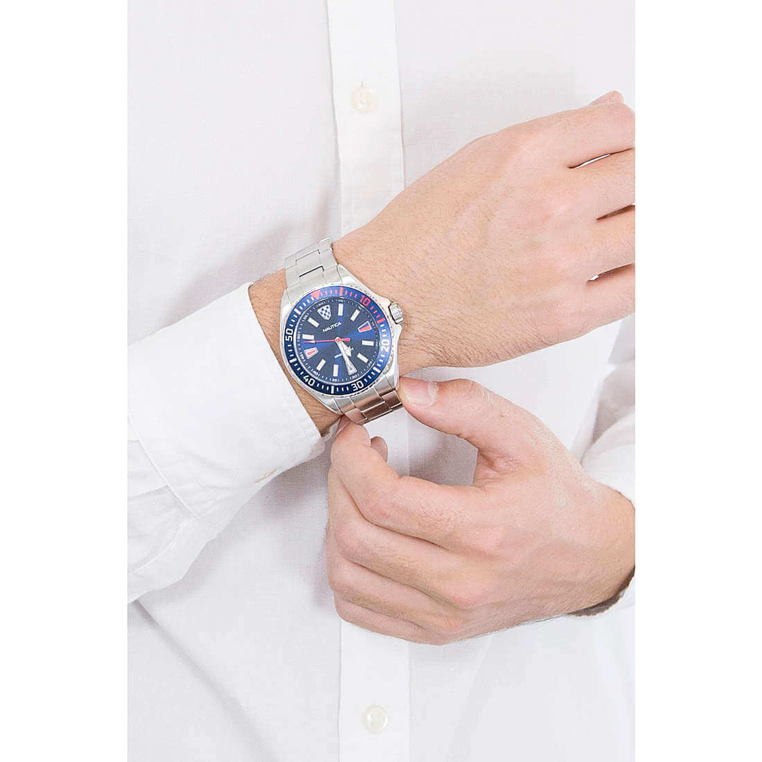 NAUTICA Mod. NAPCPS904 men's quartz analog watch, 46mm case, multifunction features, water resistant 5 ATM, shown on wrist.