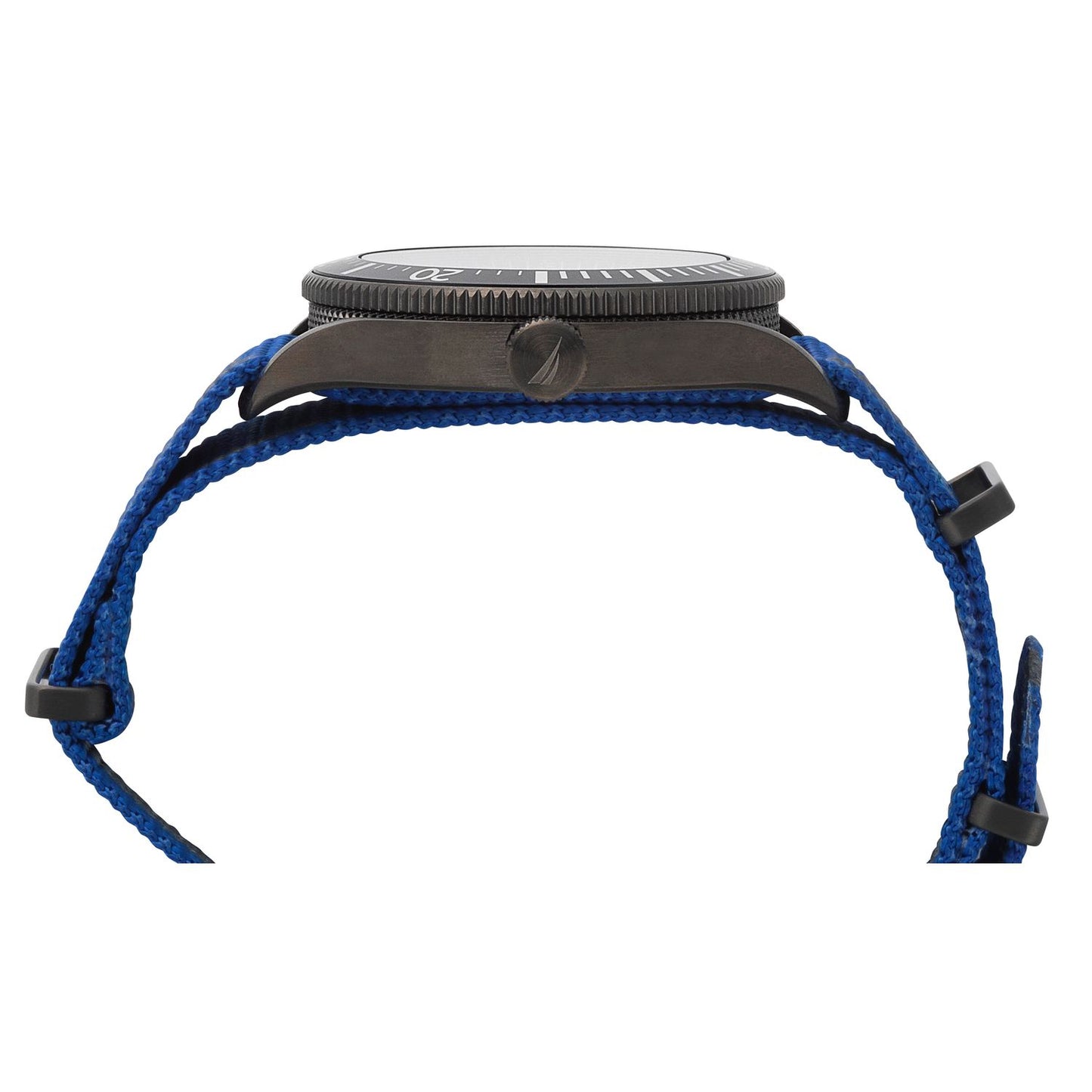 Side view of NAUTICA Mod. NAPPRF002, a gent's quartz analog watch with a blue strap and mineral dial, 45mm case.