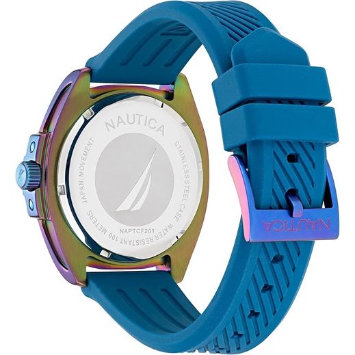 NAUTICA Mod. NAPTCF201 gent quartz analog watch with blue bracelet and 10 ATM water resistance, featuring 44mm case and mineral dial.