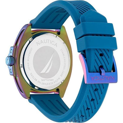 NAUTICA Mod. NAPTCF201 gent quartz analog watch with blue bracelet and 10 ATM water resistance, featuring 44mm case and mineral dial.