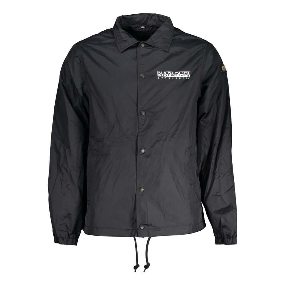 Napapijri Black Polyester Men Jacket with logo, waterproof design, long sleeves, and practical pockets for outdoor style and function.