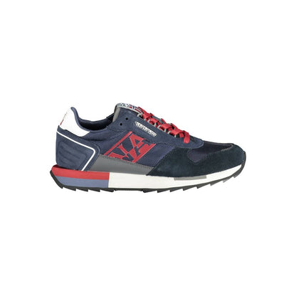 Napapijri Blue Leather Men Sneaker with contrasting red laces and iconic logo design, side view on a white background.