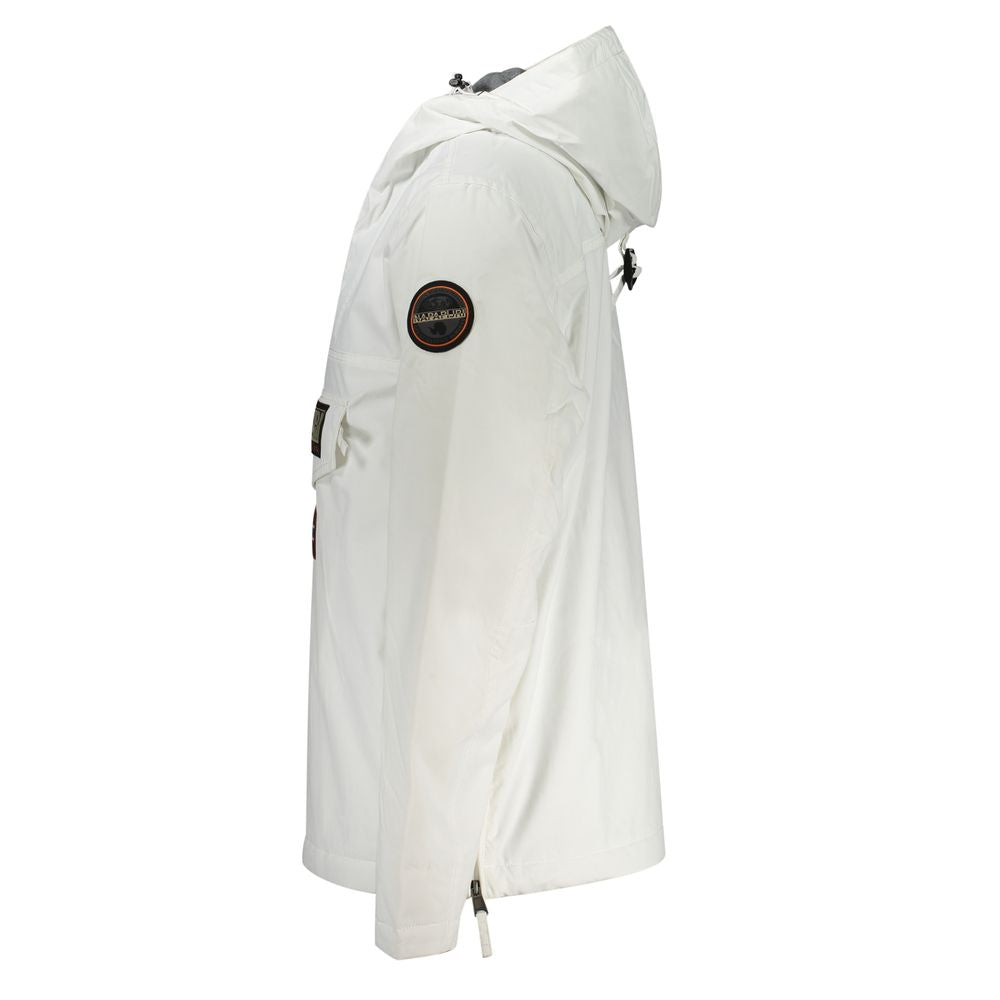 Napapijri White Polyamide Men Jacket side view showcasing hood and central pocket design with sleek white finish.
