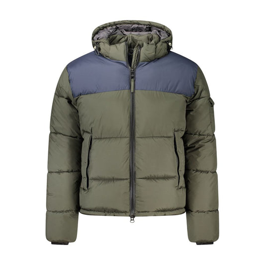 North Sails Green Polyester Men Jacket with removable hood and multiple pockets, perfect for outdoor style and functionality.