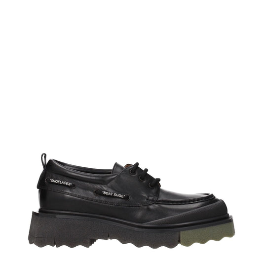 Off-White Black Leather Slip-On Loafers with lace up design, vintage effect, and mid heels, featuring round toe and rubber sole.