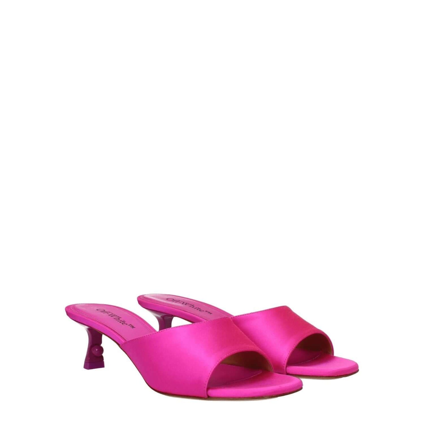 Off-White Pink Satin Stiletto Heel Sandals with open toe design and mid heels, made of fuchsia satin with leather sole.