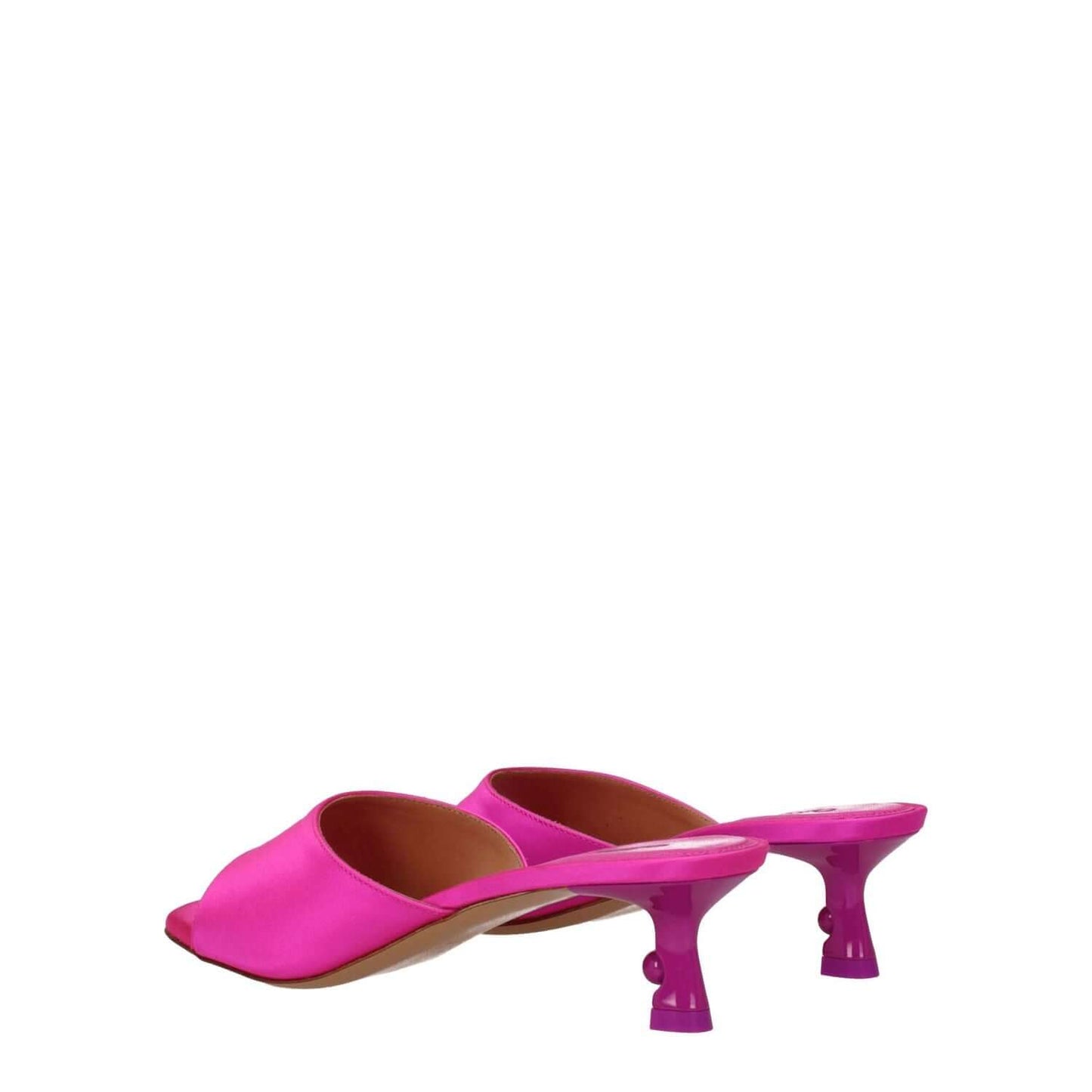 Off-White Pink Satin Stiletto Heel Sandals with open toe and mid heels, side view with fuchsia satin and leather sole.