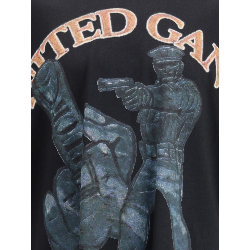 PDF Channel Black Cotton T-Shirt featuring an embossed graphic print of a figure holding a gun for a bold, modern style.