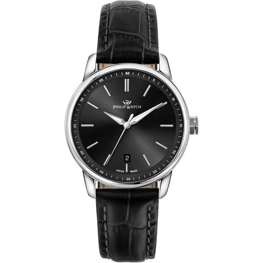 PHILIP WATCH Mod. R8251150010 luxury watch with black leather strap and sleek black dial.