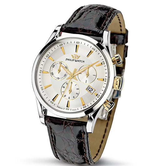 PHILIP WATCH Mod. R8271908009 luxury men's watch with silver and gold dial and brown leather strap