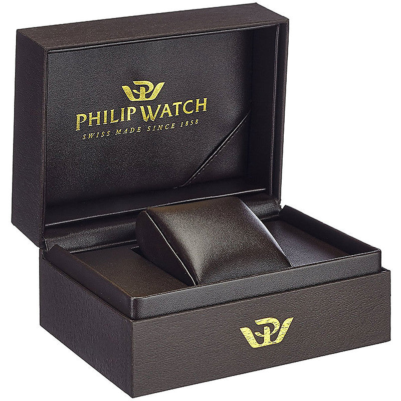 PHILIP WATCH Mod. R8271908009 luxury watch box open with gold logo, showcasing quality craftsmanship.
