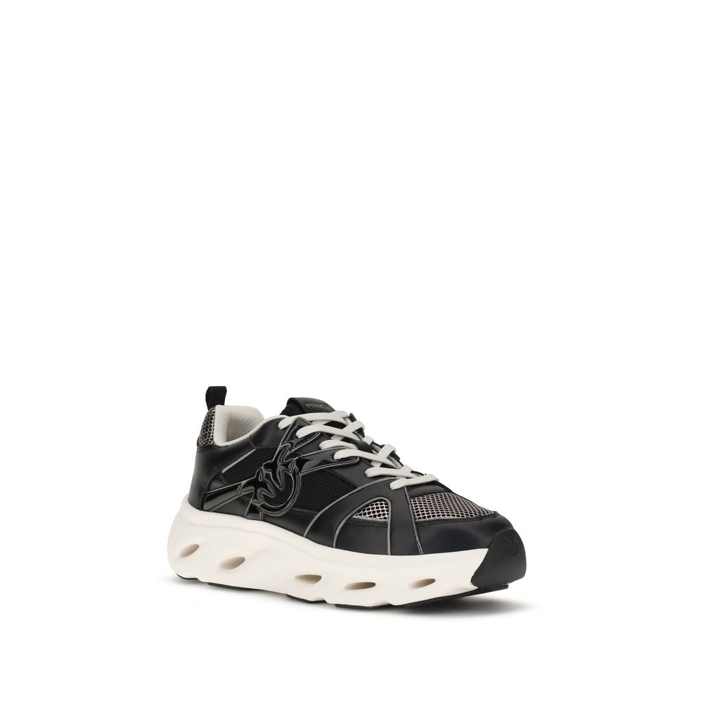 PINKO Black Calf Leather Bos Taurus Chunky Sneakers with mesh inserts, Love Birds logo, and rubber sole for a bold, contemporary style.