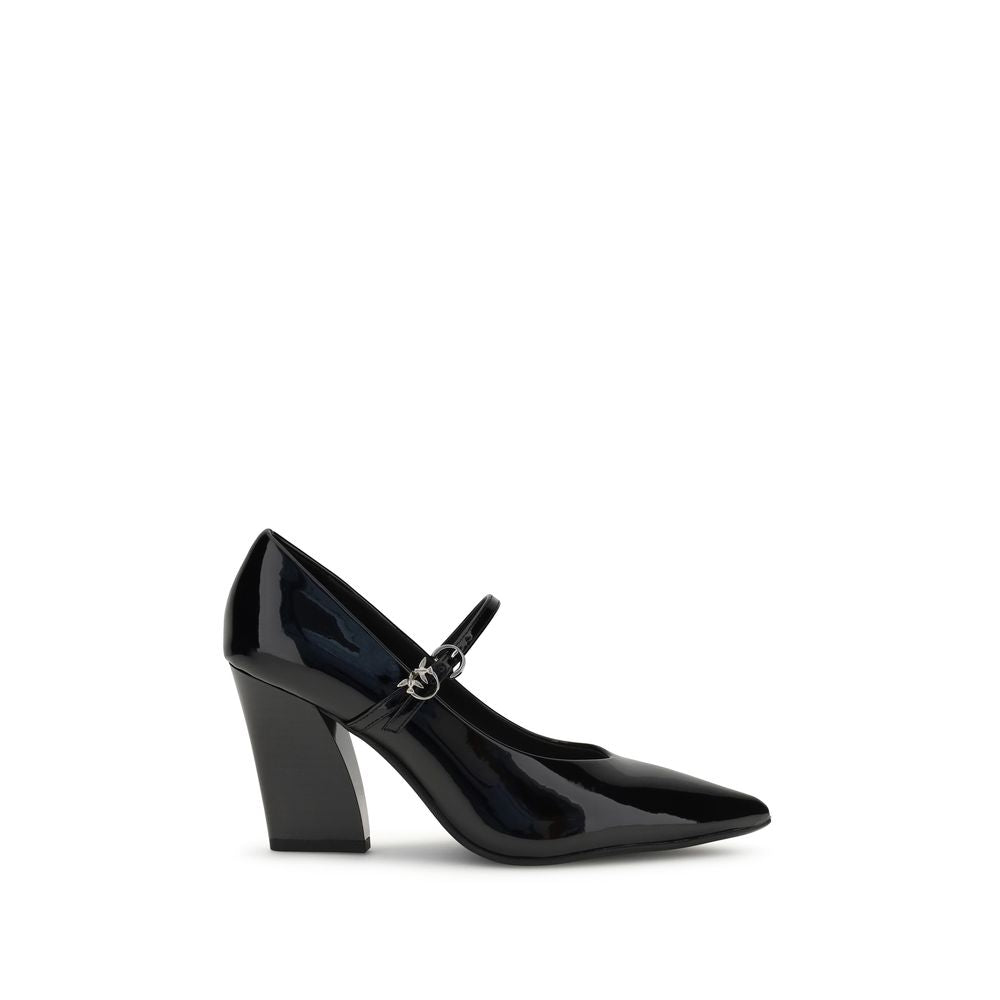 PINKO Black Calf Leather Bos Taurus High Heel Pumps with glossy patent leather, pointed upper, cubic heel, and adjustable strap closure.
