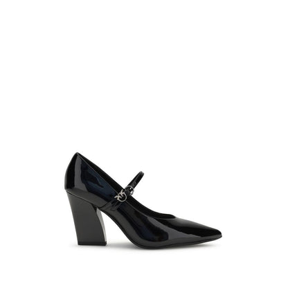 PINKO Black Calf Leather Bos Taurus High Heel Pumps with glossy patent leather, pointed upper, cubic heel, and adjustable strap closure.