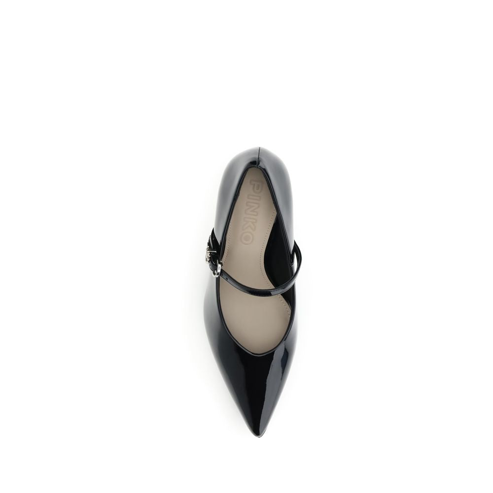 Top view of PINKO Black Calf Leather Bos Taurus High Heel Pumps with glossy patent finish and adjustable strap.