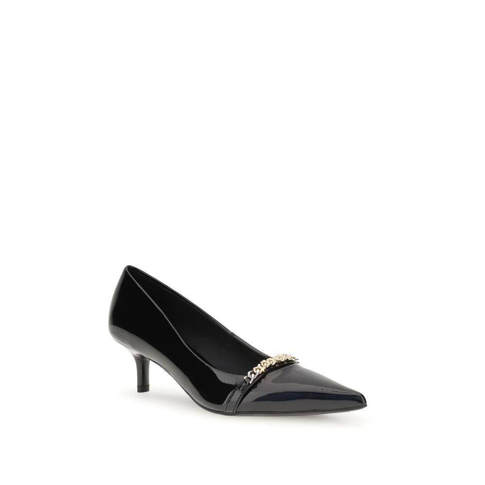 PINKO Black Calf Leather Bos Taurus Mid Heel Pumps with pointed toe and decorative chain on glossy patent leather.