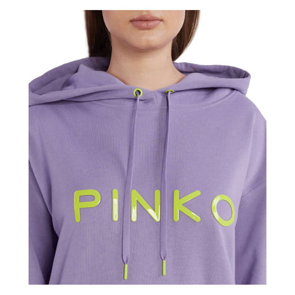 Woman wearing PINKO Purple Cotton Women Sweater with bold logo print, luxury casual chic hoodie for trendsetters in vibrant purple cotton.