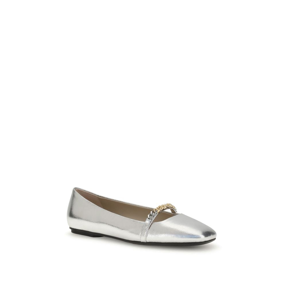 PINKO Silver Calf Leather Bos Taurus Ballet Flats with metallic finish, round toe, and decorative loop in leather and metal detail.