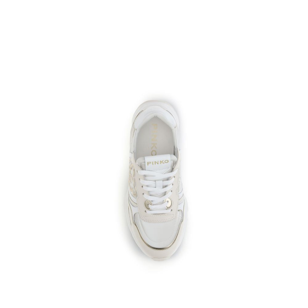 PINKO White Cotton Athletic Sneakers top view with leather lace-up upper and contoured rubber sole for sporty style and comfort.