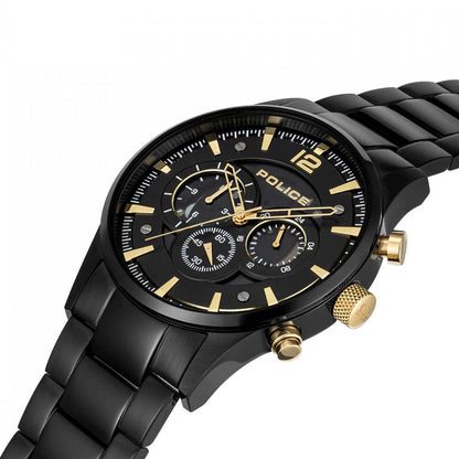 Stylish black and gold POLICE WATCHES Mod. PEWJK2002802M with multi-function dials, elegant design.
