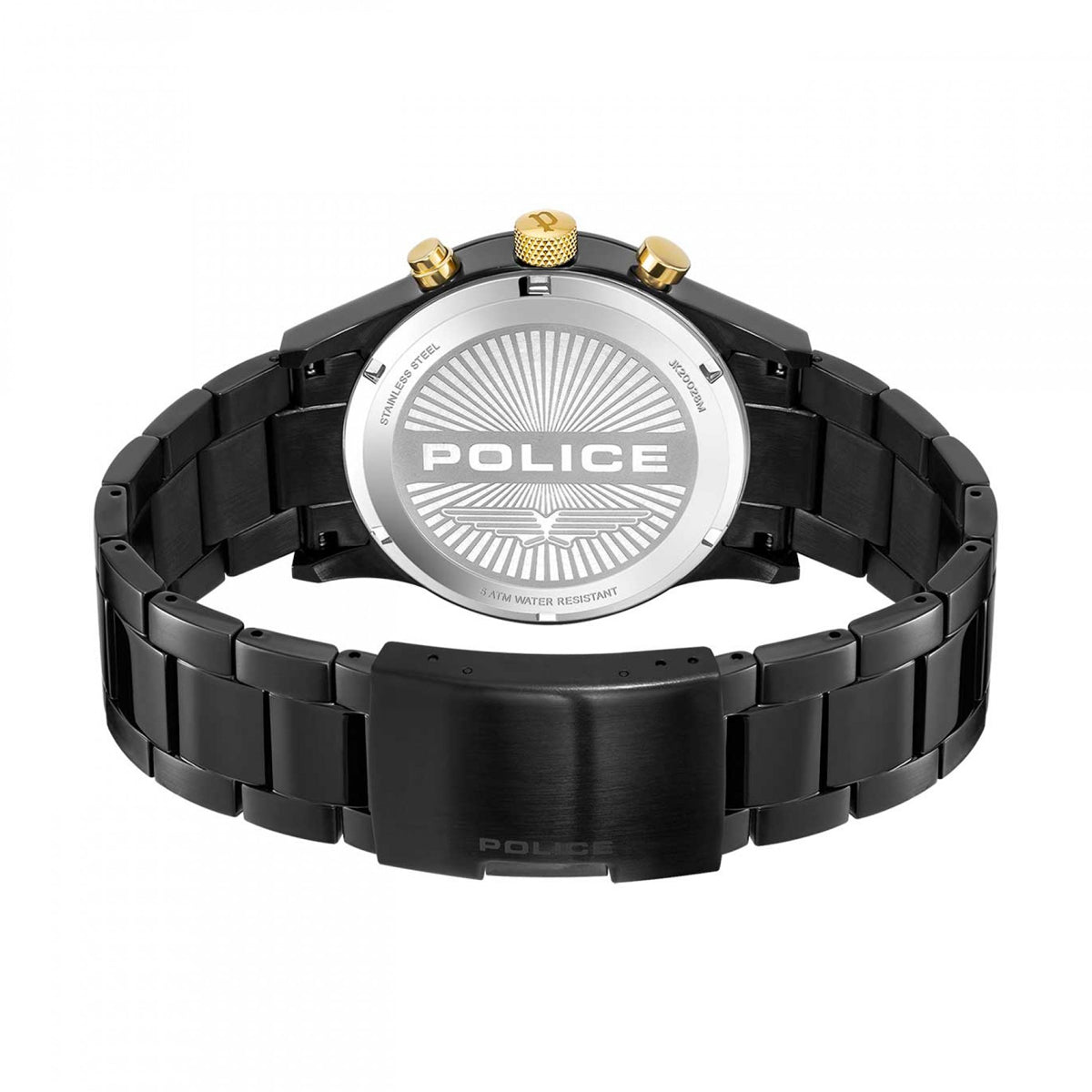 Back view of POLICE WATCHES Mod. PEWJK2002802M with black metal band and stainless steel case, showcasing the engraved brand logo.