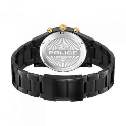 Back view of POLICE WATCHES Mod. PEWJK2002802M with black metal band and stainless steel case, showcasing the engraved brand logo.