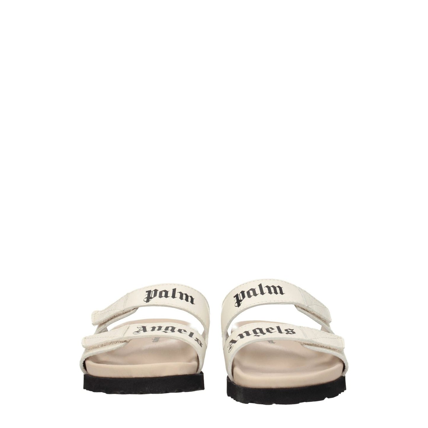 Palm Angels Beige Leather Flat Sandals with front logo and strap closure, rubber sole, open toe, low flat heel, MPN: PWIH019LEA0020361.