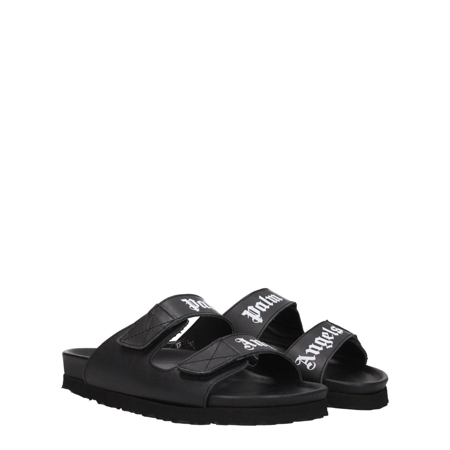 Palm Angels Black Leather Flat Sandals with logo, casual style, strap closure, rubber sole, low heel, MPN PWIH010LEA0011001.