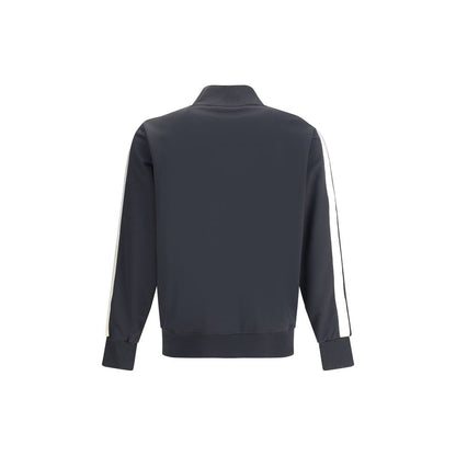 Back view of Palm Angels Black Polyester Sweatshirt featuring white stripe detail on sleeves, high collar, and ribbed cuffs and hem.