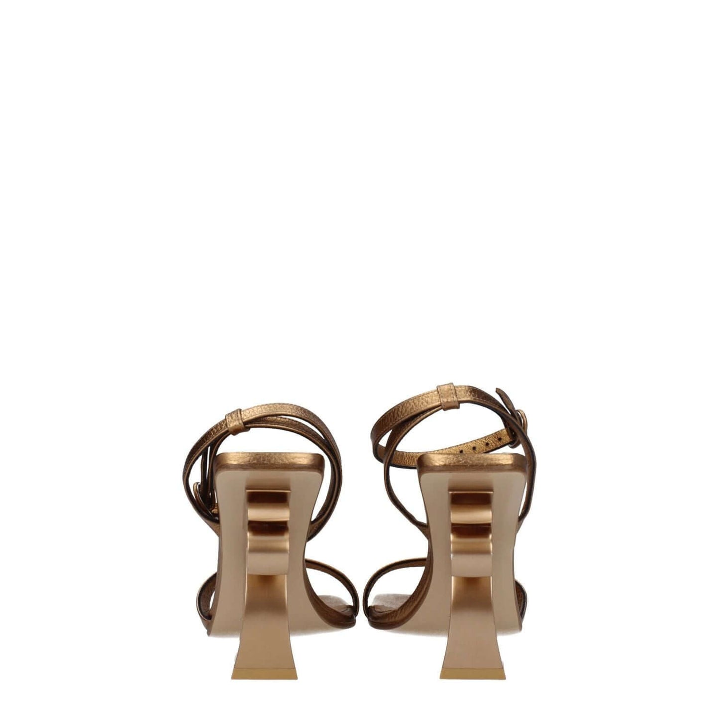 Palm Angels Gold Leather Platform Sandals with high heel and open toe, rear view showing buckle closure and dark gold accents.