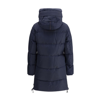 Parajumpers Blue Nylon Full-Length Jacket with hood and down filling, rear view showcasing durable and sustainable nylon oxford material.