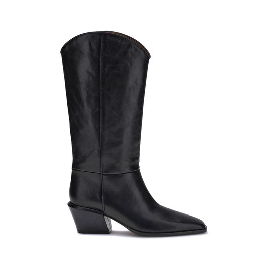 Paris Texas Black Calf Leather Bos Taurus Ankle Boots with glossy finish and chunky heel.