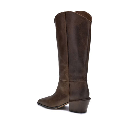 Paris Texas Brown Leather Boots with chunky heel and tapered silhouette, perfect for urban chic style and comfort, AW25 collection.