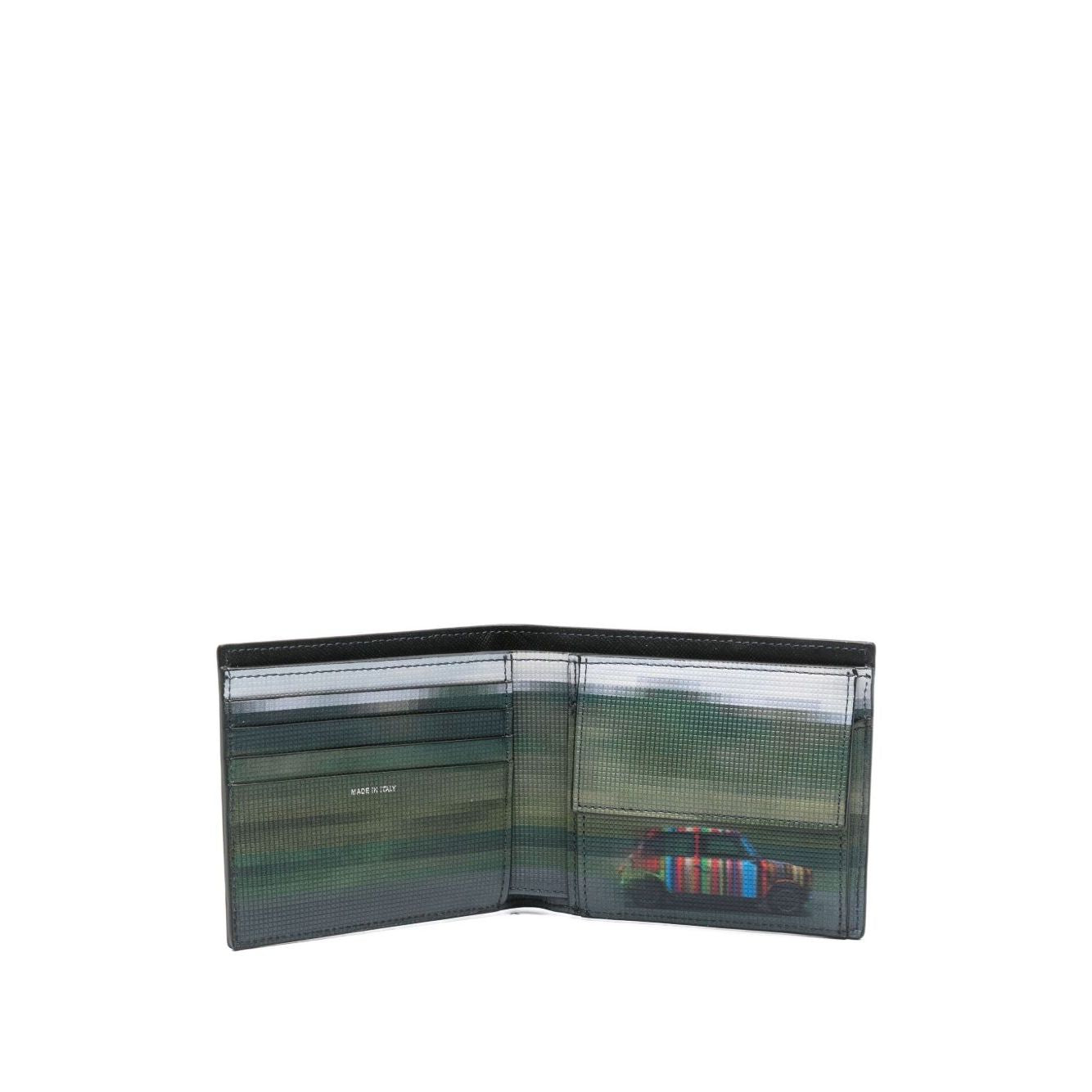 Open black calf leather Paul Smith Leahter bifold wallet with internal card slots and logo detail, measuring 11cm x 9cm x 2cm.