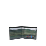 Open black calf leather Paul Smith Leahter bifold wallet with internal card slots and logo detail, measuring 11cm x 9cm x 2cm.