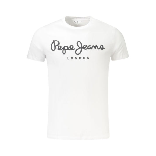 Pepe Jeans White Cotton Men TShirt with logo print and crew neck, sustainable fabric, slim fit, stylish and eco-friendly, color white.