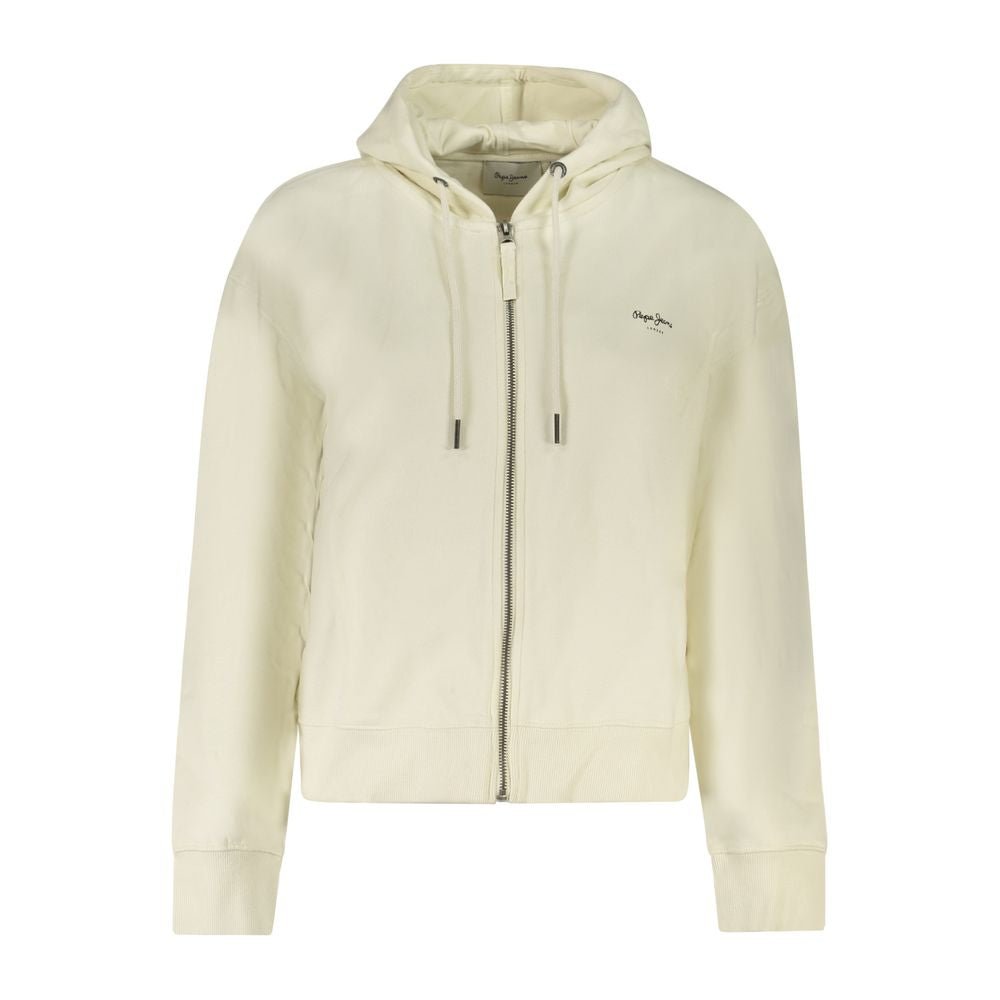 Pepe Jeans White Cotton Women Hoodie with zip-up design and sleek print, featuring iconic logo for cozy and stylish off-duty look.