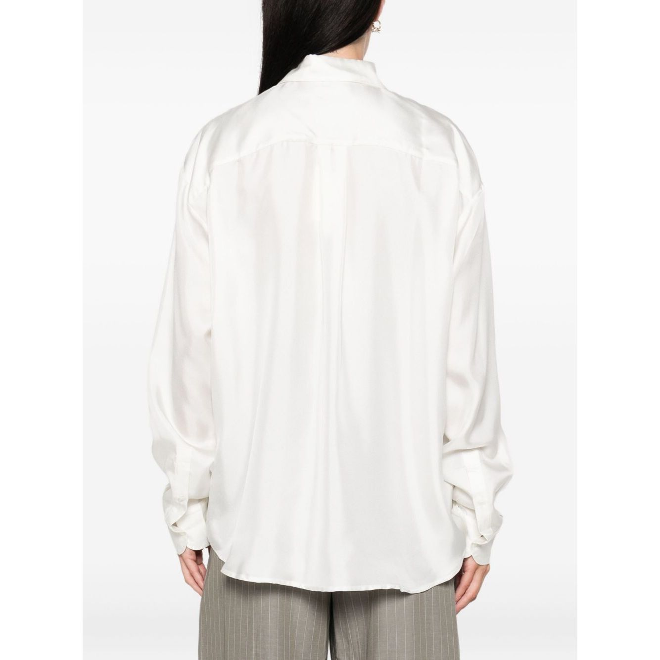 Back view of a Pierre Louis Mascia Shirts White wearable, long-sleeved floral print silk shirt.