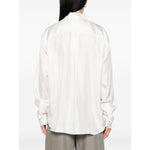 Back view of a Pierre Louis Mascia Shirts White wearable, long-sleeved floral print silk shirt.