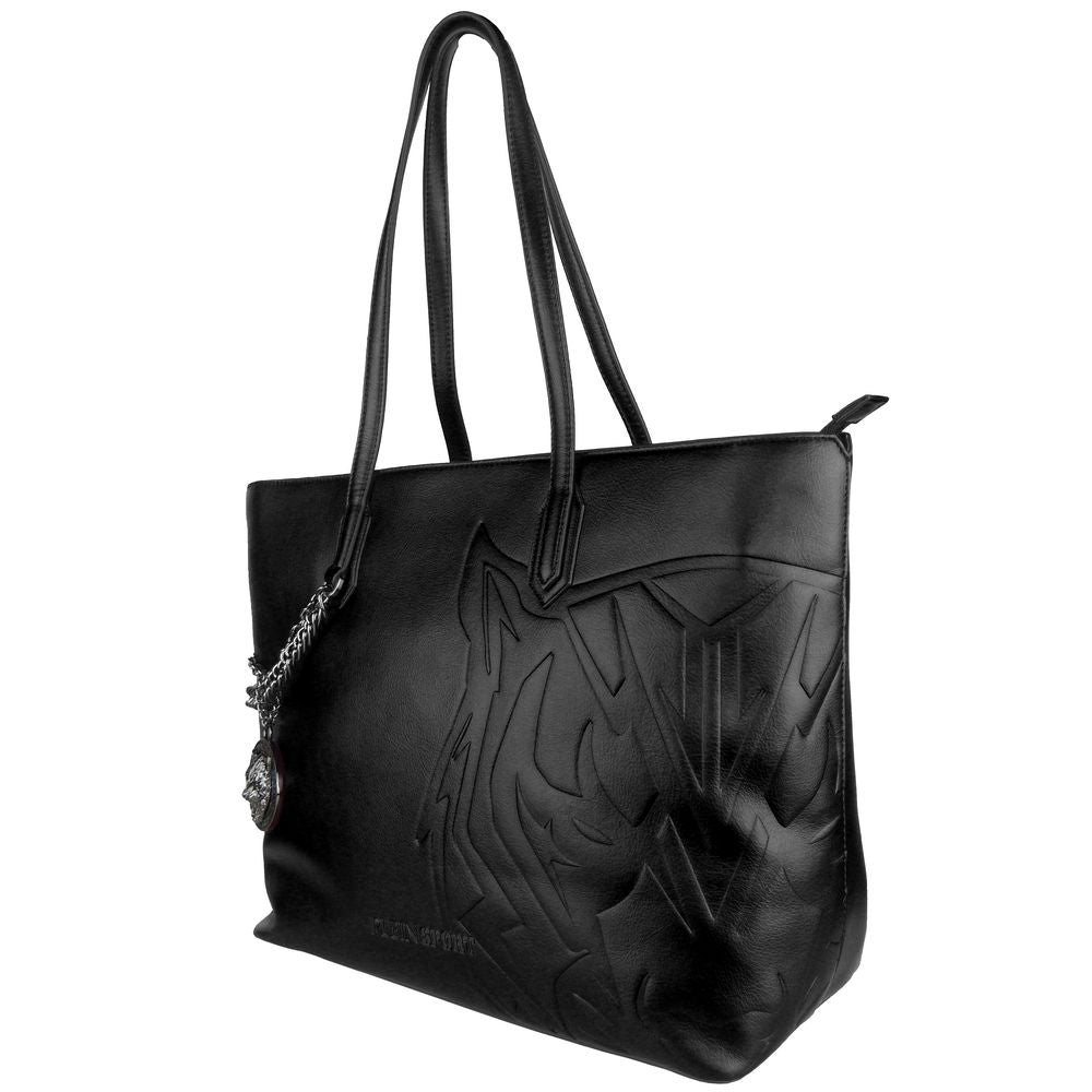 Plein Sport Black Polyethylene Women Shoulder Bag with decorative chain and metal medallion, sleek and sporty design.