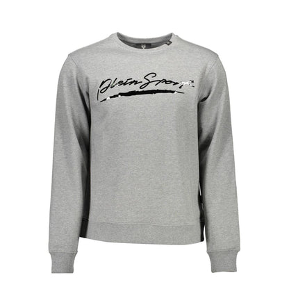 Plein Sport Gray Cotton Men Sweater with logo print, showcasing a blend of luxury and athletic style, made from premium cotton and polyester.