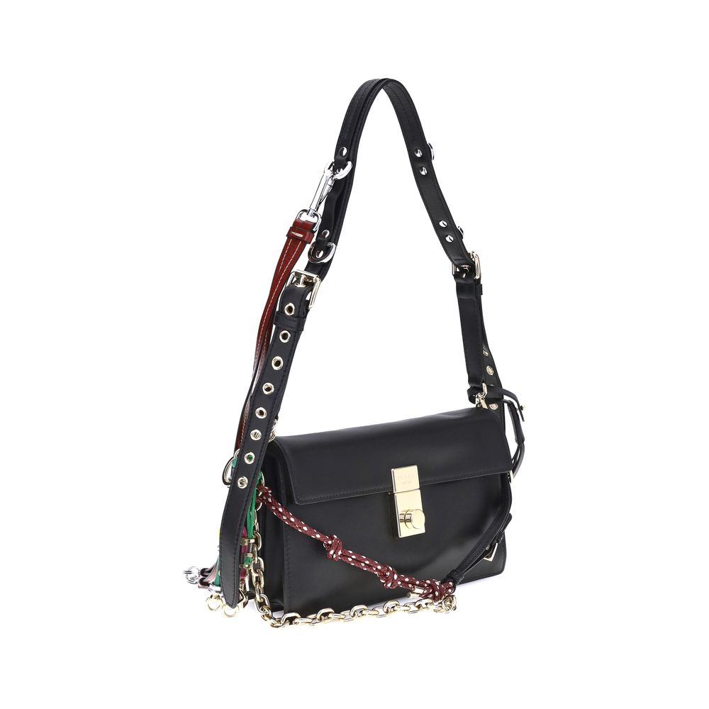 Prada Black Calf Leather Bos Taurus Shoulder Bag with adjustable strap and metallic logo detail.