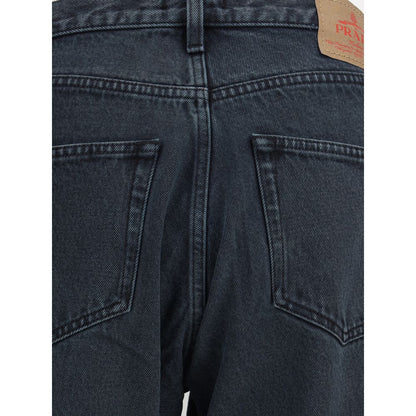 Back view of Prada Black Cotton Straight-Leg Jeans with logo patch, showcasing classic 5-pocket design, 100% cotton, AW25 season.