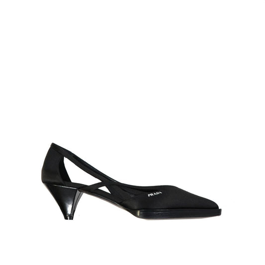 Prada Black Silk Mid Heel Pumps with cut-out detail, pointed toe, slip-on design, branded insole, heel 5.5 cm.