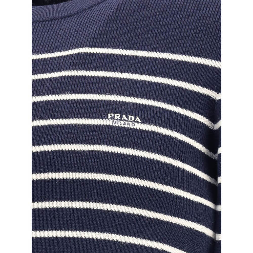 Close-up of Prada Blue Fleece Wool Sweatshirt with striped pattern and Prada jacquard signature